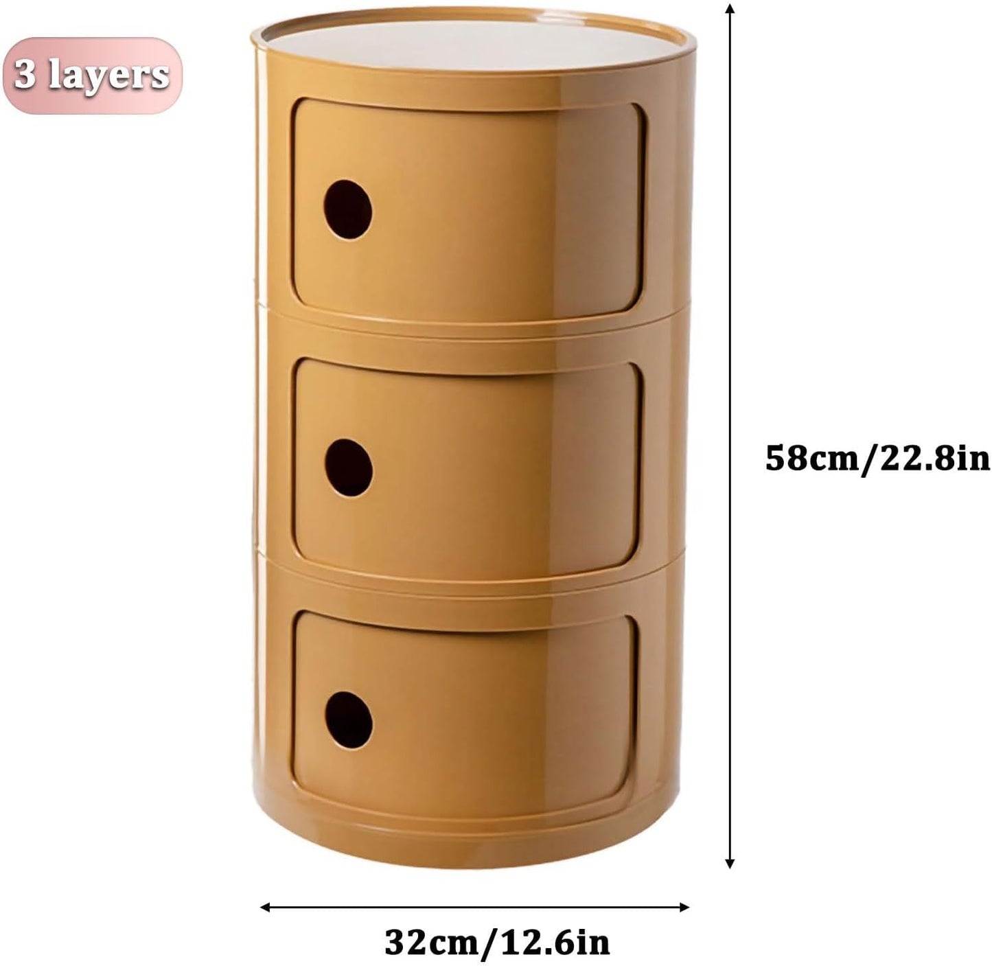 3 Tier Round Nightstand with Drawer, Ginger Yellow Round Side Table Small Plastic Storage End Table Suitable for Bedroom, Living Room, Bathroom (Ginger Yellow)