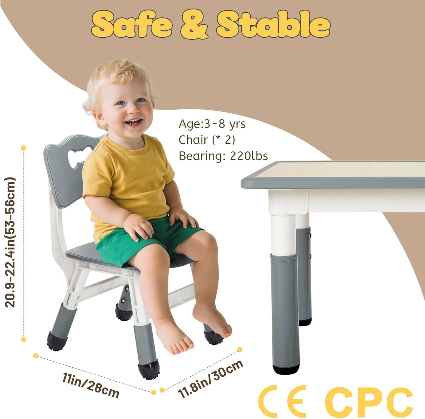 FUNLIO Adjustable Kids Chair (2pcs), 3 Level Height Adjustable Toddler Chair for Ages 3-8, Sturdy Child Chair with Maximum Bearing 220lbs, for Classrooms/Daycares/Homes, CPC & CE Approved - Grey