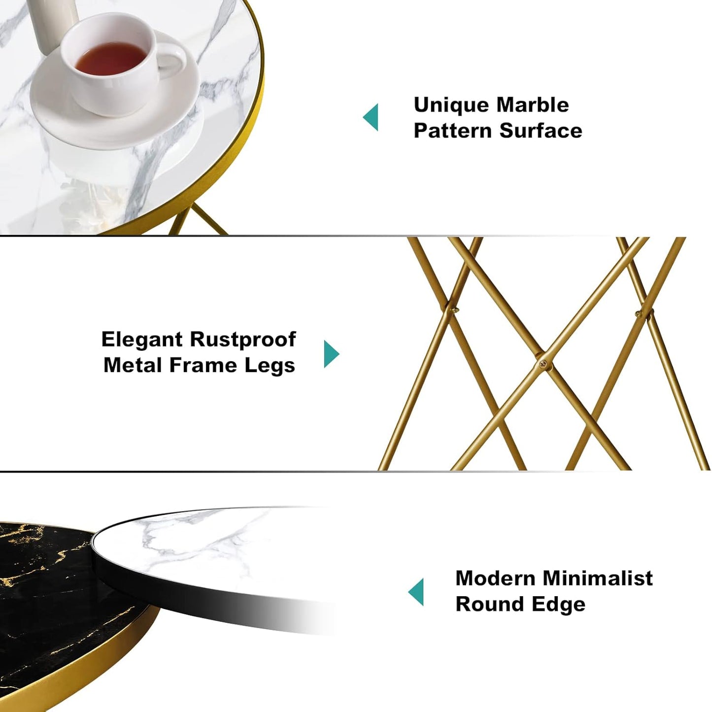 HLR Modern Round Side Table Set of 2, End Table with Marble Effect Top and Gold Metal Frame, Small Side Table for Living Room, Bedroom, Sofa and Couch, Gold Legs, White Marble top