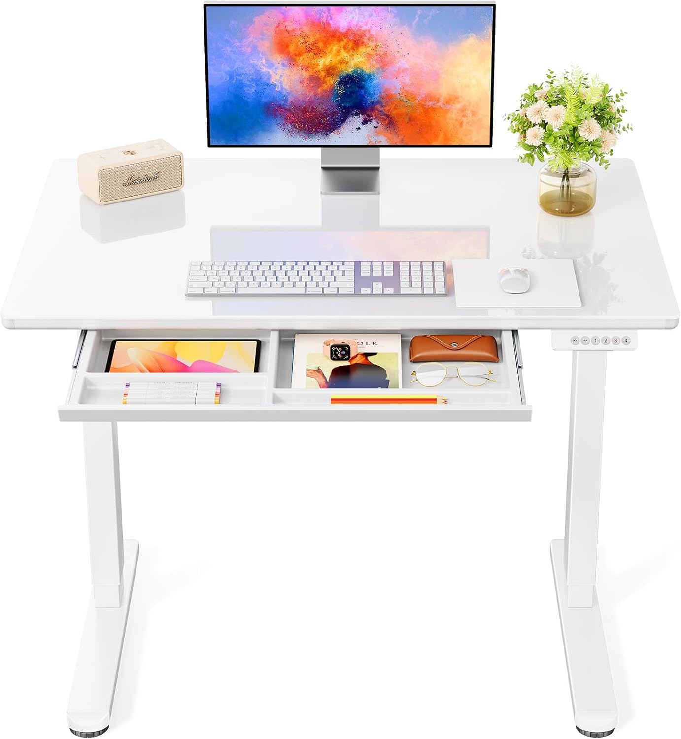 Marsail Glass Electric Standing Desk with Drawer, 40 x 24 Inches Height-Adjustable Desk, One-Piece Tempered Glass Top, Ergonomic Home Office Sit Stand Desk with 4 Preset Heights, White