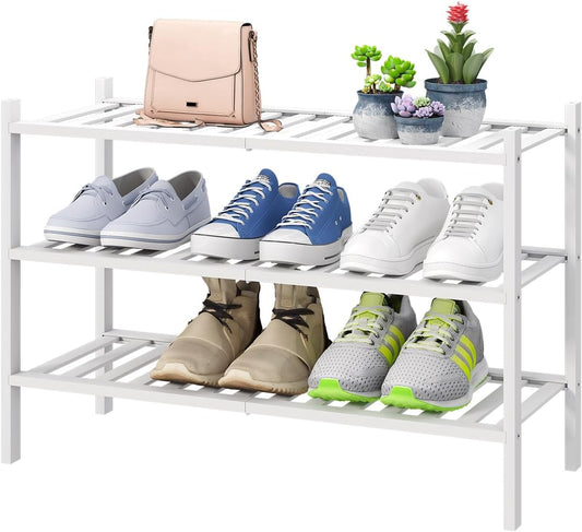 White Shoe Rack, 3-Tier Bamboo Wood Shoe Rack for Closet, Entryway & Hallway, and Stackable Shoe Shelf Storage Organizer for Indoor and Outdoor