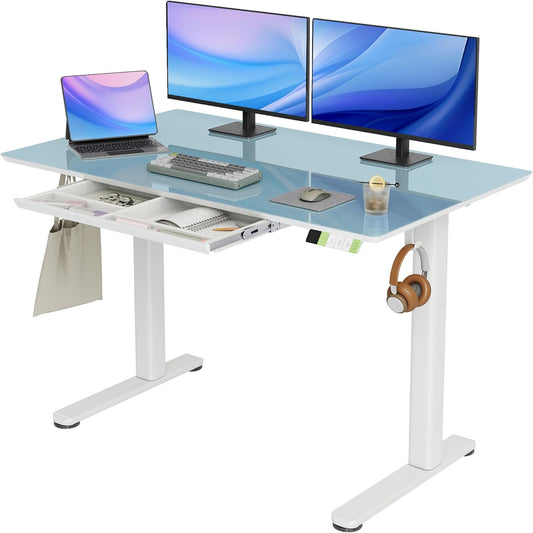 INNOVAR Glass Standing Desk with Drawers, Adjustable Height Stand Up Desk, Electric Standing Desks with Storage, 48 inch, Morandi Blue