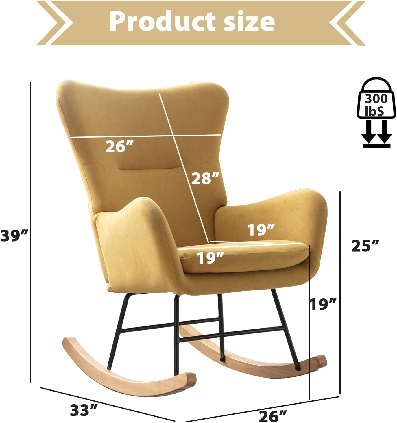 Phoenix Home Rocking Chair Nursery Velvet Upholstered Glider Rocker Rocking Accent Chair Padded Seat with High Backrest Armchair Comfy Side Chair for Living Room Bedroom Offices, Yellow