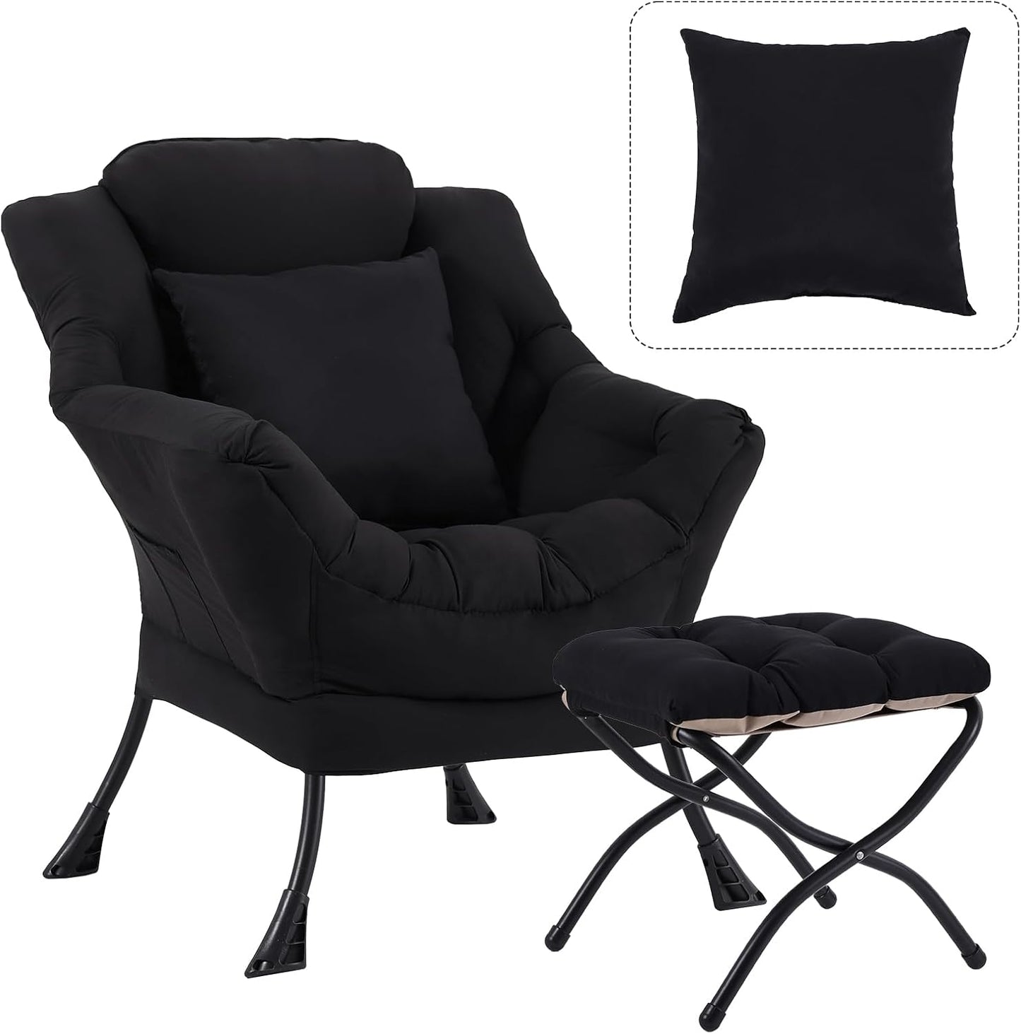 Lazy Chair with Ottoman, Modern Lounge Accent Chair with Armrests and a Throw Pillow, Leisure Sofa Chair Set, Reading Chair with Footrest for Living Room, Bedroom, Dorm Room, Midnight Black