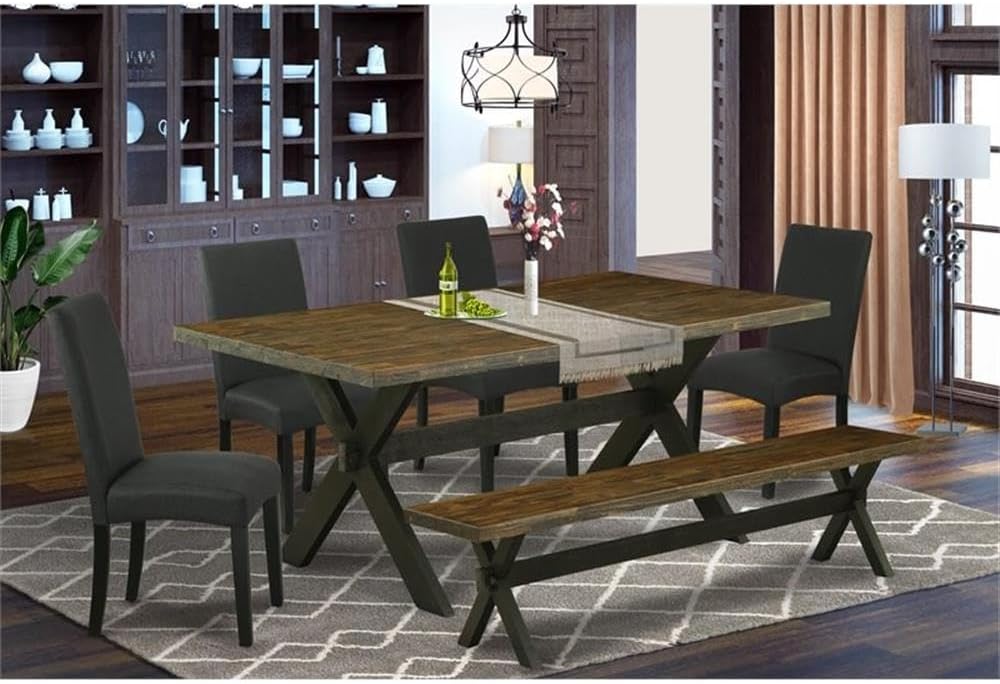East West Furniture X677DR124-6 6 Piece Dining Set Contains a Rectangle Dining Room Table with X-Legs and 4 Black Color Linen Fabric Upholstered Chairs with a Bench, 40x72 Inch, Multi-Color
