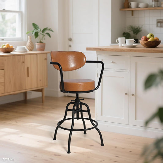 Diwhy Industrial Design Adjustable Height 21.65" - 26" Brown Leather Upholstered Backrest Seat Arm Chair Vintage Counter Stool