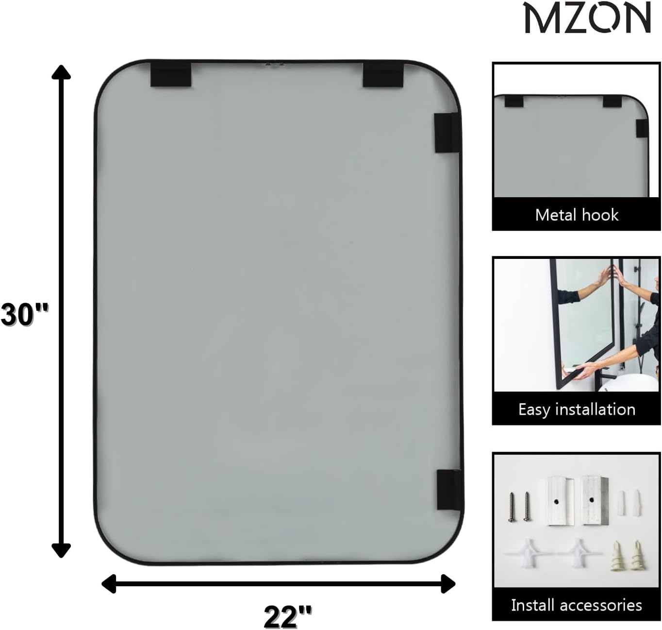 MZON 22x30 Inch Matte Black Bathroom Mirror, Rectangle Wall Mirror for Bathroom, Anti-Rust Frame & Tempered Glass, Hangs Horizontally/Vertically - Farmhouse, or Modern Bathroom Decor
