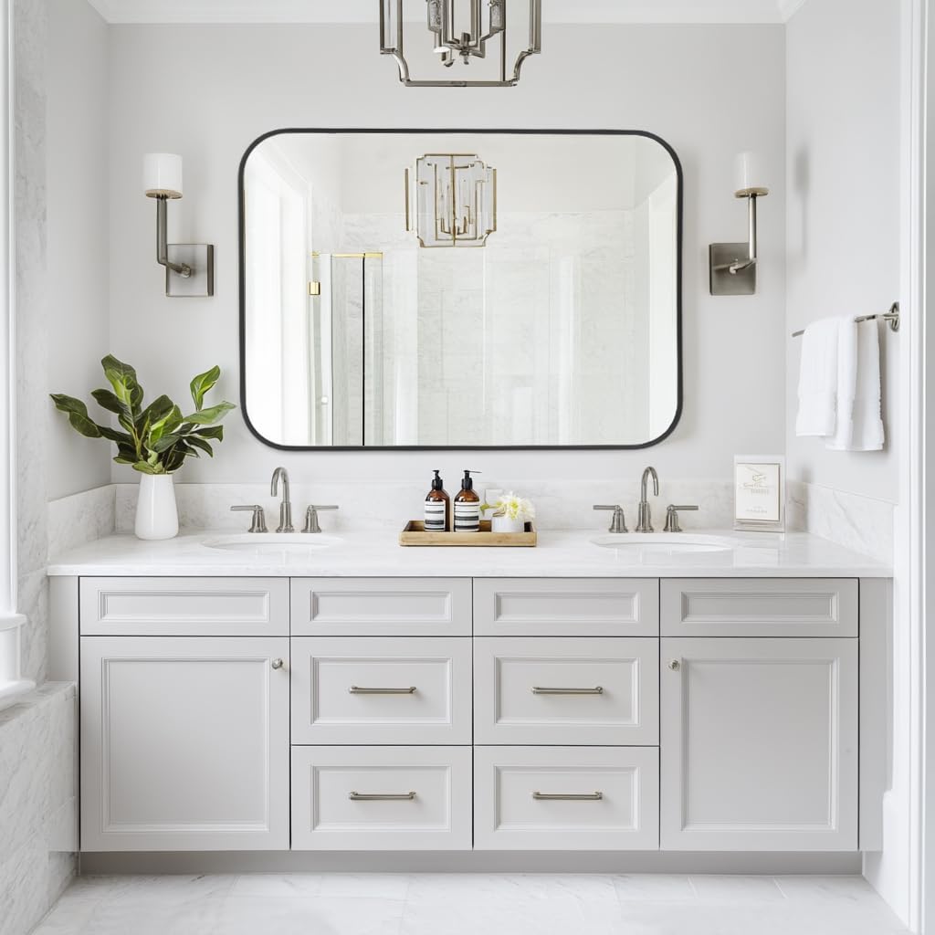 MZON 16x20 Inch Matte Black Bathroom Mirror, Rectangle Wall Mirror for Bathroom or Entryway, Anti-Rust Frame & Tempered Glass, Hangs Horizontally/Vertically - Space-Saving Minimalist Decor