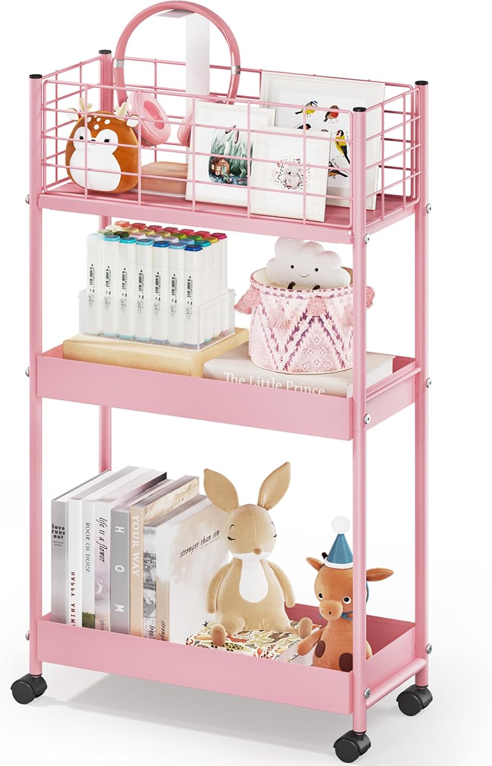 KINGRACK 3-Tier Rolling Utility Cart with Wheels, Metal Slim Storage Cart, Bathroom Multifunctional Storage Organizer, Mobile Shelving Unit for Kitchen, Office, Laundry Room, Narrow Place, Pink