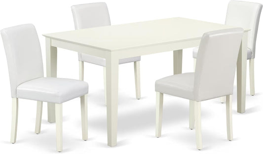 East West Furniture CAAB5-LWH-64 5 Piece Dining Room Furniture Set Includes a Rectangle Dining Table and 4 White Faux Leather Upholstered Parson Chairs, 36x60 Inch, Linen White