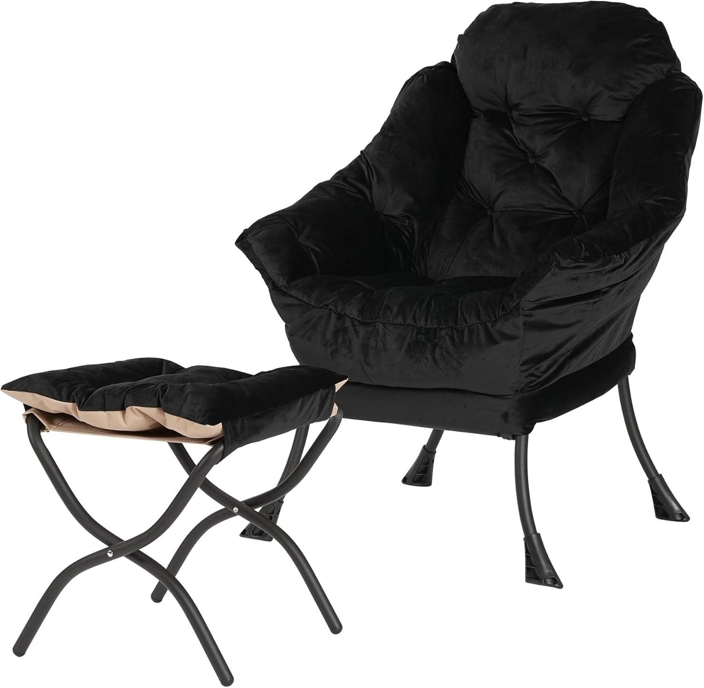 Lazy Chair with Folding Ottoman,Living Room Chairs, Accent Contemporary Lounge Chair, Single Steel Frame Leisure Sofa Chair with Armrests and A Side Pocket (Black)