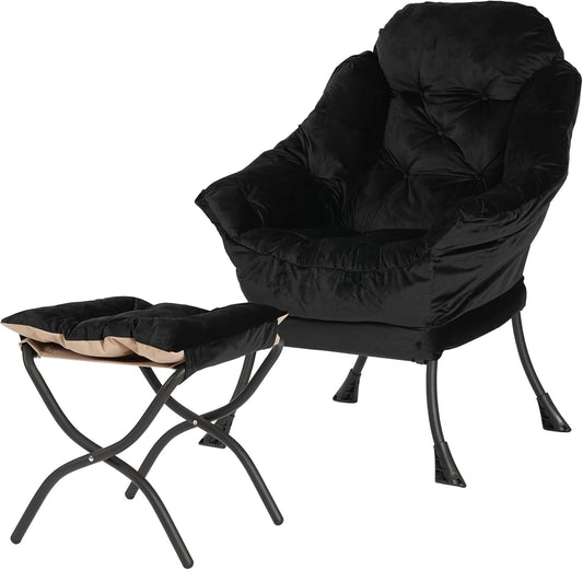 Lazy Chair with Folding Ottoman,Living Room Chairs, Accent Contemporary Lounge Chair, Single Steel Frame Leisure Sofa Chair with Armrests and A Side Pocket (Black)