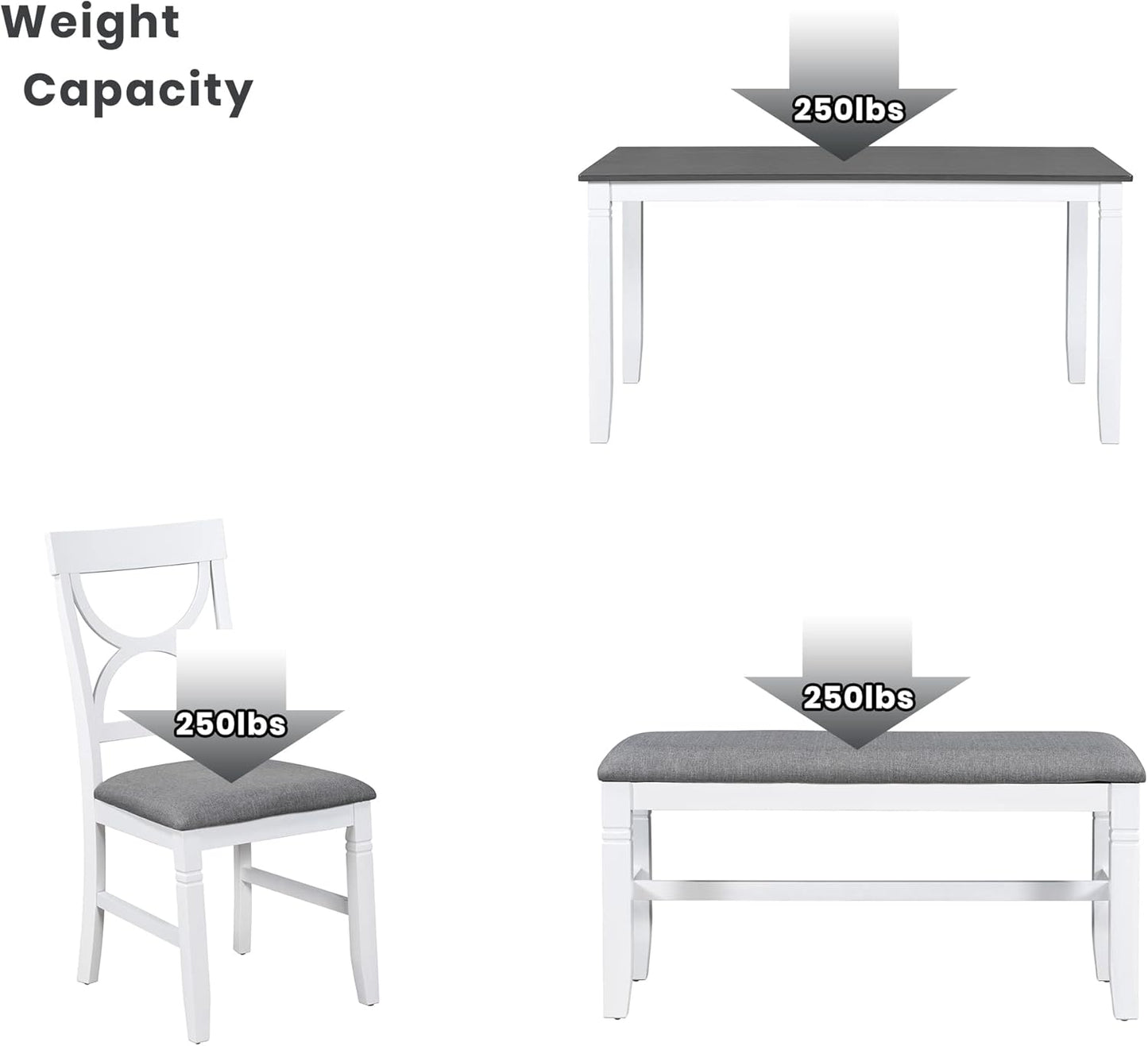 Ball & Cast 6 Piece Wood Dining Table Set,Kitchen Table Set with Upholstered Bench and 4 Dining Chairs,Farmhouse Living Room Furniture w/Carved Legs & Round Backrest,for Dining Room,Gray+White