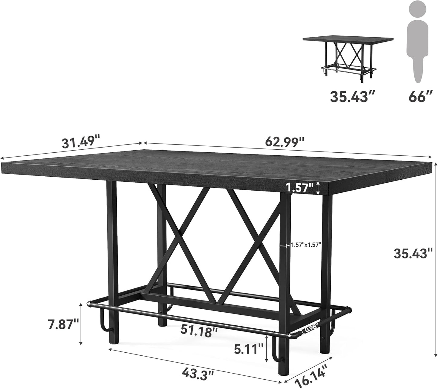 LITTLE TREE 63-Inch Industrial Bar Table with Metal Footrest, Counter Height Pub Table for Kitchen, Home Bar & Entertaining (Black)