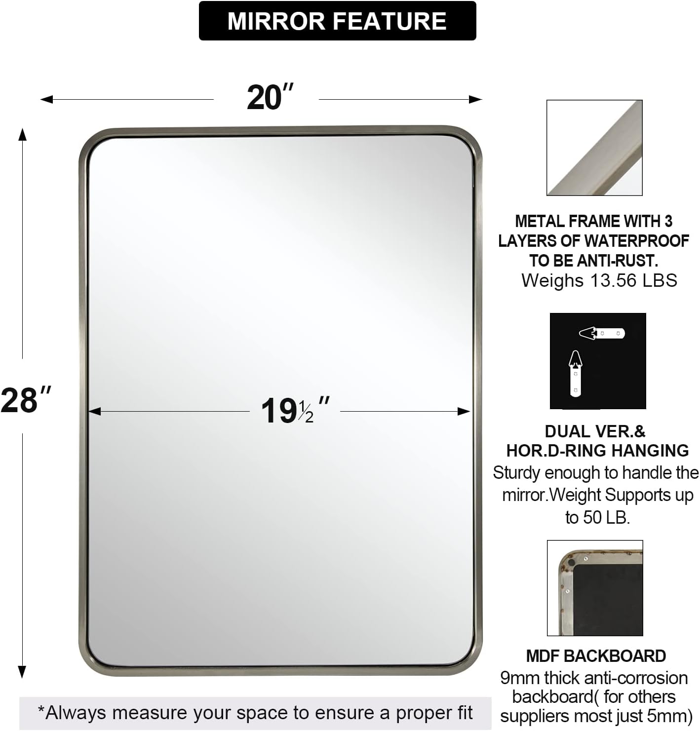 ANDY STAR Mirrors for Wall, 20x28’’ Brushed Nickel Bathroom Mirror, Rounded Rectangle Mirrors for Vanity, Anti-Rust SUS304, Tube Metal Frame, 1’’ Deep Wall Mounted Vertically/Horizontal