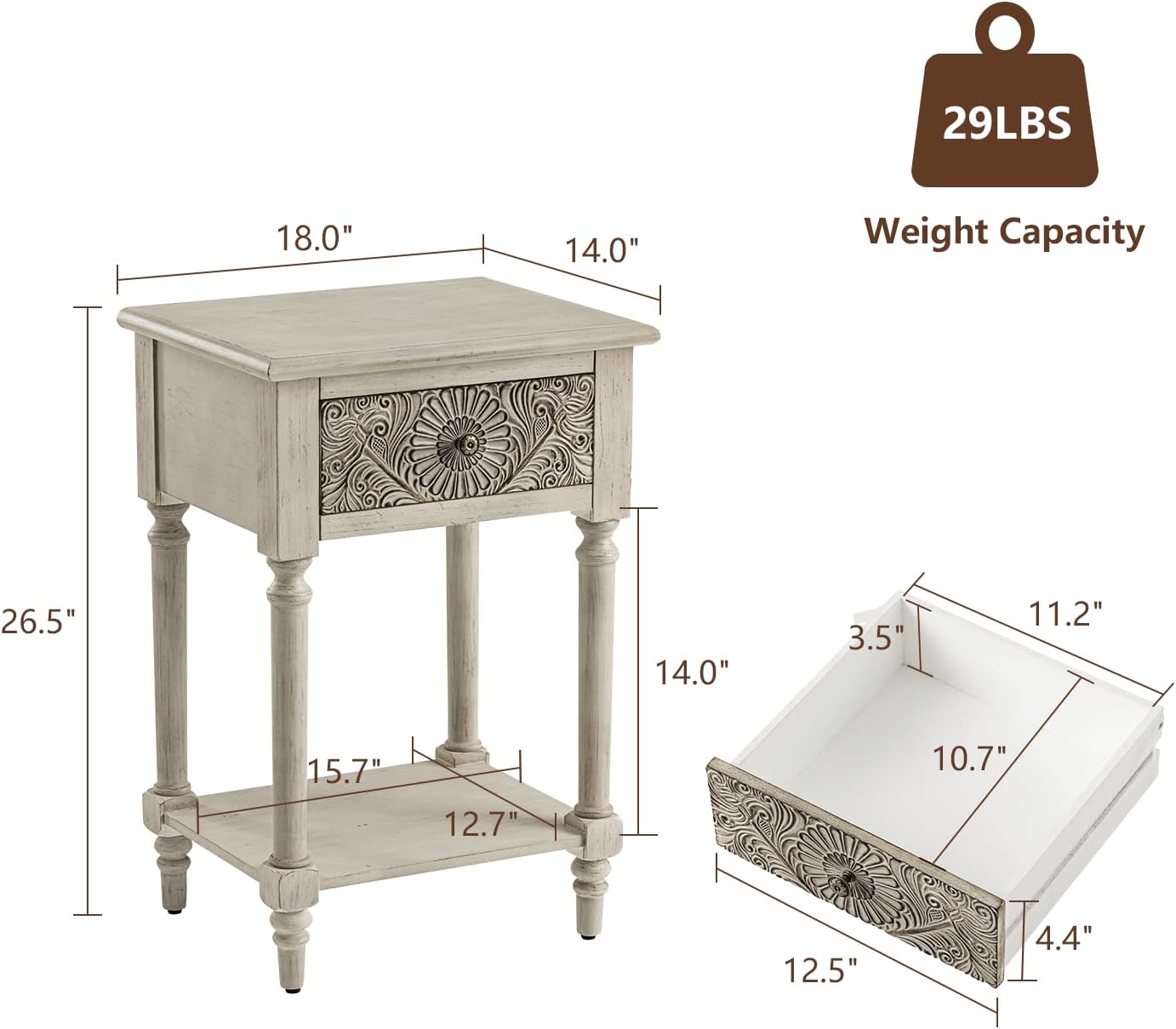 COSIEST Vintage Nightstand, MDF 2-Tier Bedside Table, Wood Accent End Table with Storage Drawer and Open Display Shelf for Bedroom Living Room