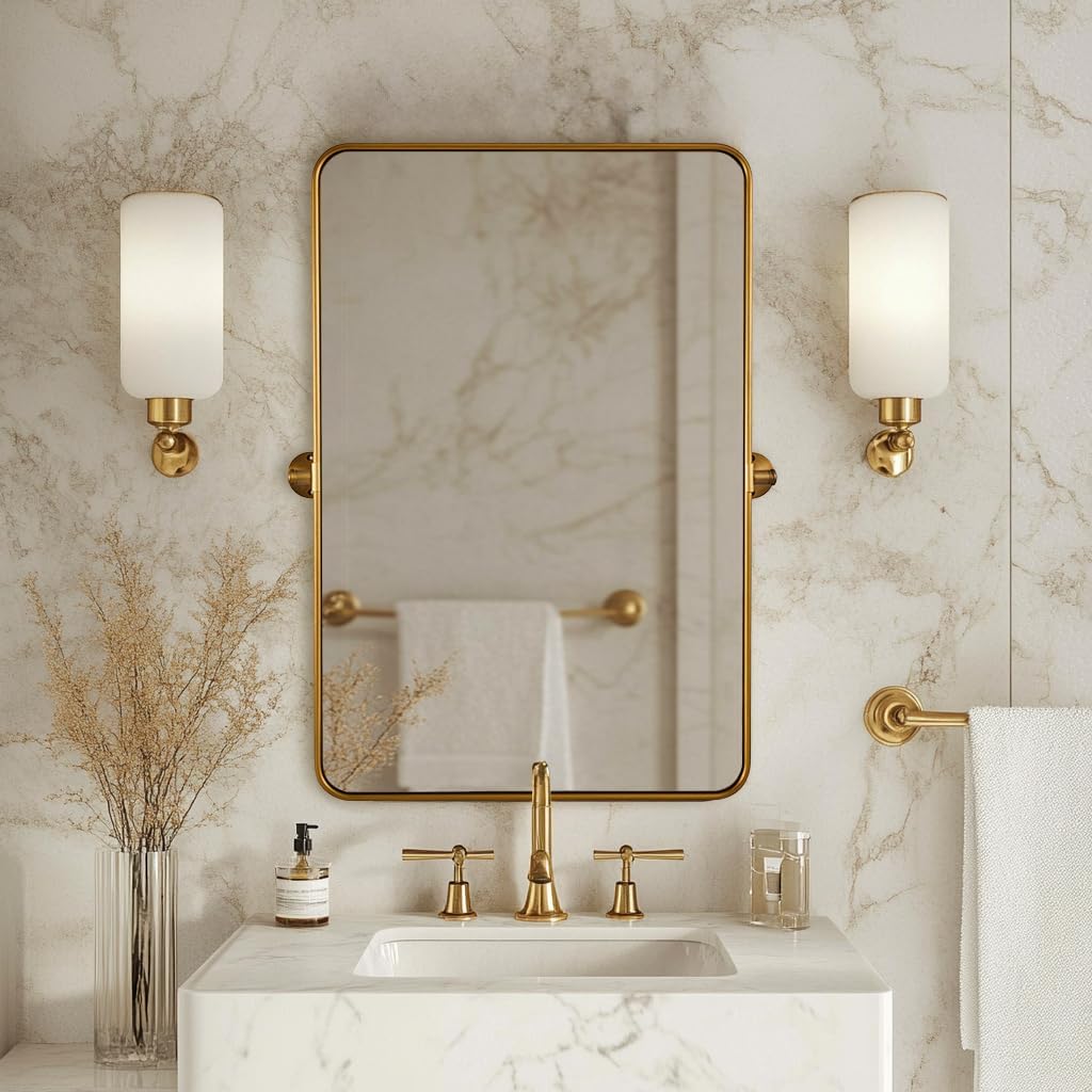 ANDY STAR Gold Pivot Mirror, 22" x 30" Brushed Gold Metal Frame Vanity Mirrors for Over Sink, Farmhouse Rectangle Bathroom Mirror with Adjustable Tilting Design Wall Mounted
