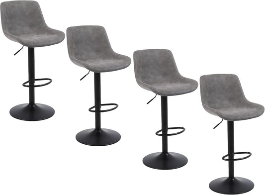 Bar Stools, Swivel Counter Height Barstools with Back, Adjustable Modern Bar Chairs, Tall Armless PU Leather Kitchen Island Stool (Grey, Set of 4)