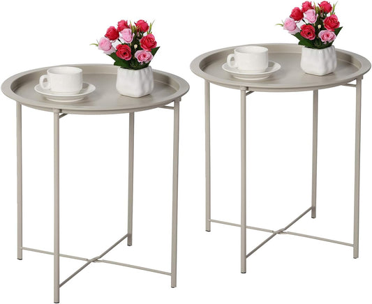 VECELO Side/End Table, Folding Round Metal Anti-Rust and Waterproof Outdoor or Indoor Tray for Living Room Bedroom Balcony and Office, 2 PCS, Grey