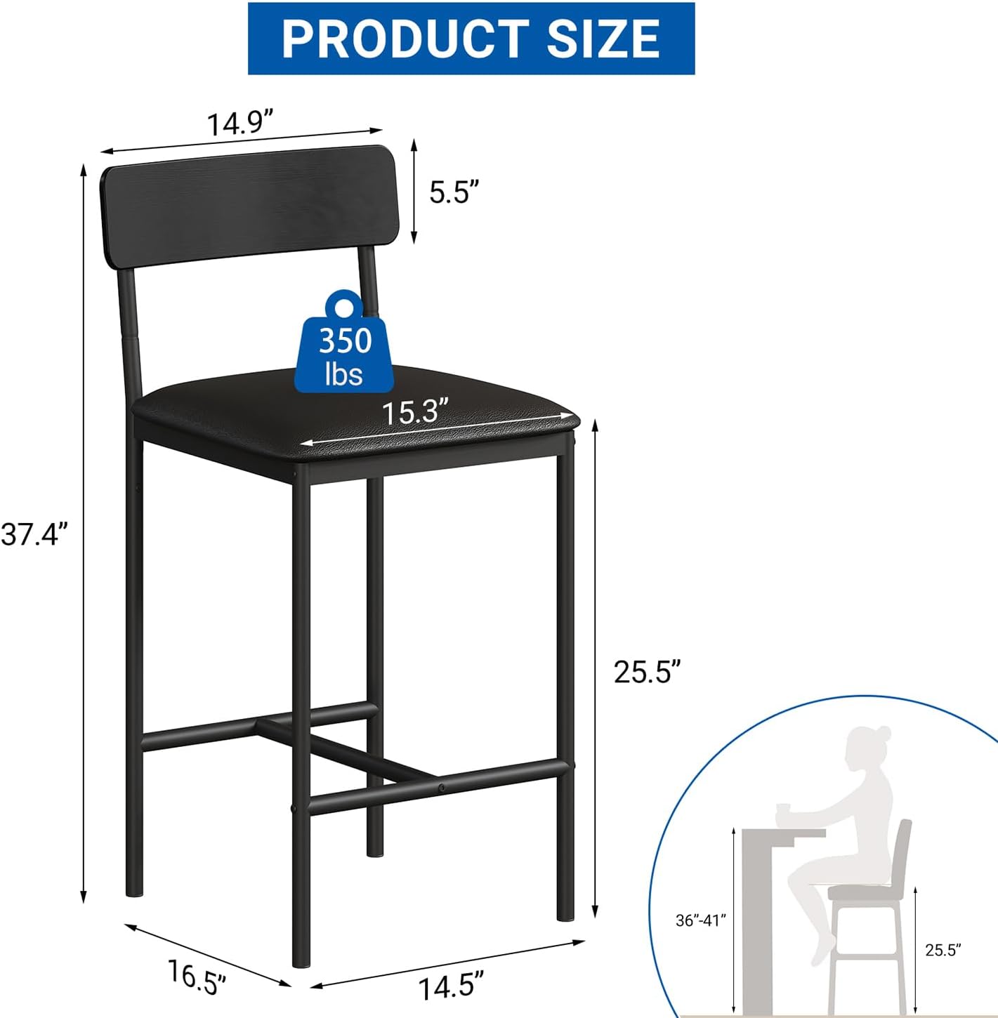 GarveeHome Bar Stools Set of 2, Upholstered Counter Height Bar Stools with Backrest and Footrest, Kitchen Barstools for Island, Counter Bar, Easy Assembly, Rustic Black