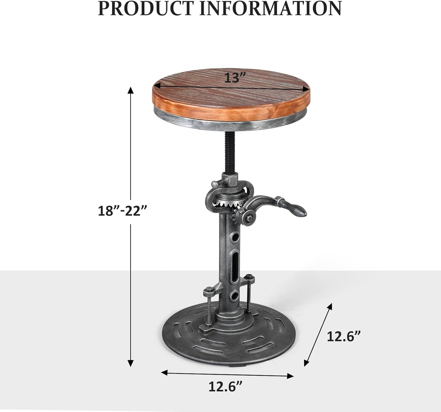 LOKKHAN American Antique Steampunk Deco Vintage Industrial Bar Cafe Stool, Retro Stylish Cast Iron Base Swivel Round Wood Top, Easily Adjusts by Crank Handle