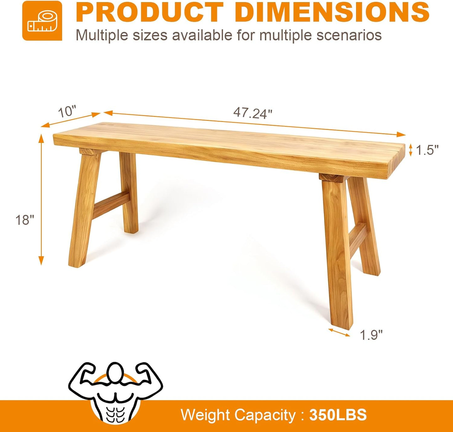 Farmhouse Solid Wood Bench: Long Rustic Indoor Narrow Wooden Bench for Entryway,Living Room, Dining Room,End of Bed,Hallway (47" Lx10 Wx18 H)