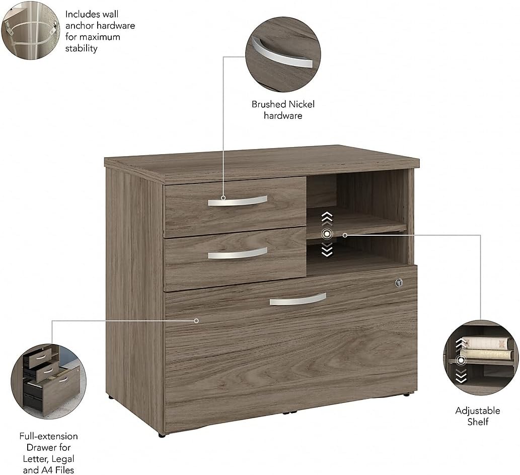 Bush Business Furniture Studio C Office Storage Cabinet with Drawers and Shelves in Modern Hickory, Organization for Home or Professional Workspace