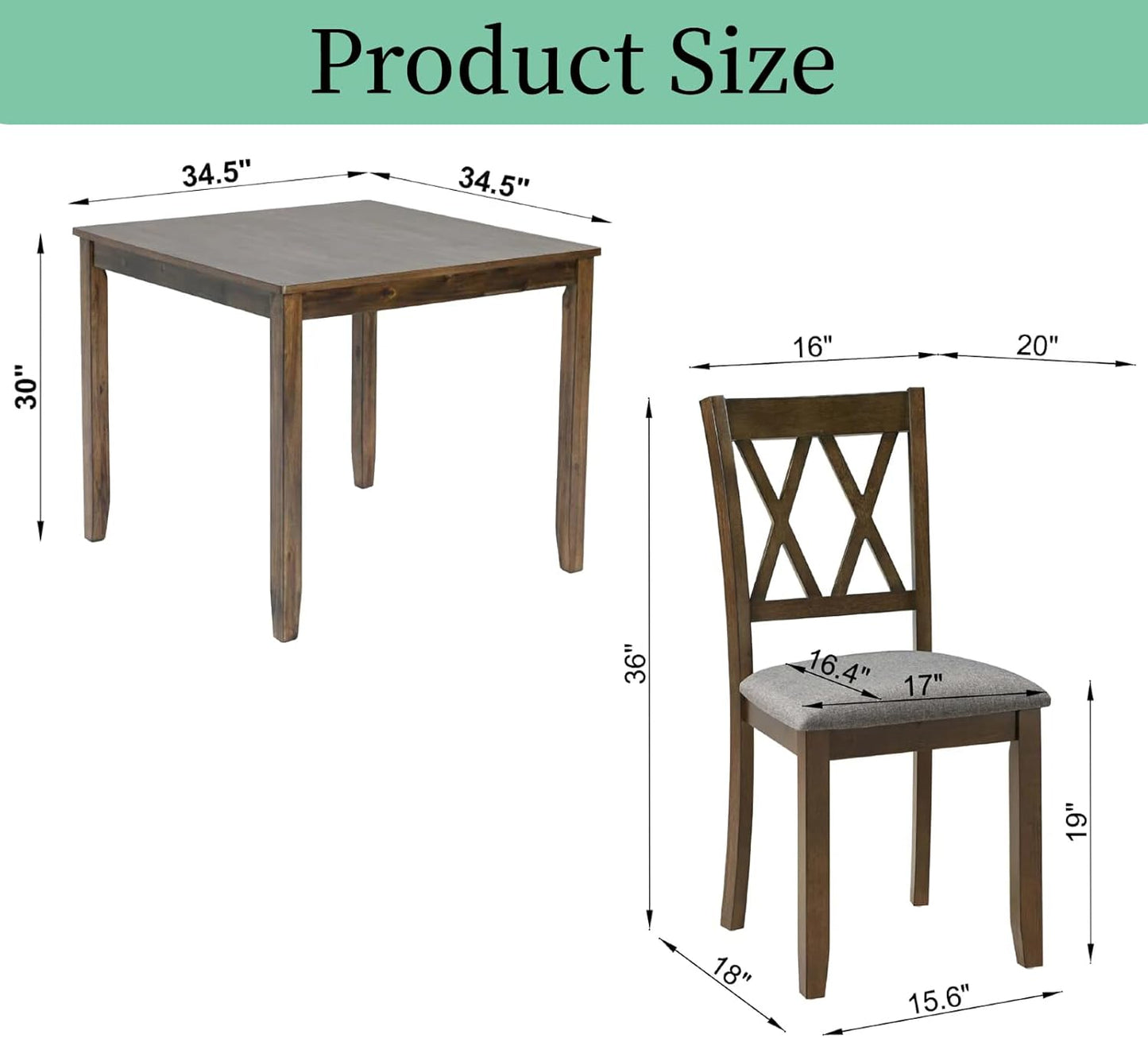 Dining Table Set, Wooden Kitchen Table Set with Square Table, 4 Vertical X Backrest Upholstered Chairs, Table and Chairs with Non-Slip Feetmats for 4 People, Living Room and Kitchen, Walnut