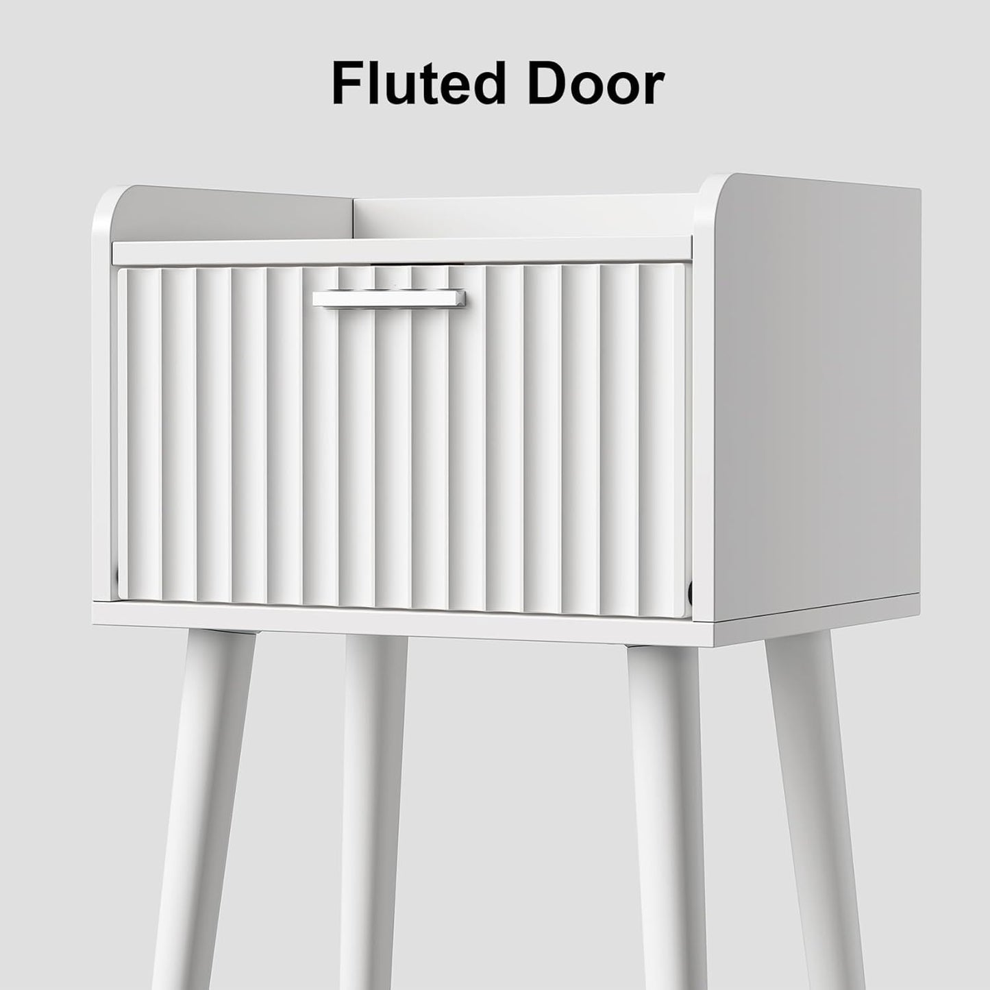 LAATOOREE Nightstand Set of 2, Small Bed Side Table with Fluted Door, End Table with Solid Wood Legs, Mid-Century Bedside Table for Bedroom Small Space