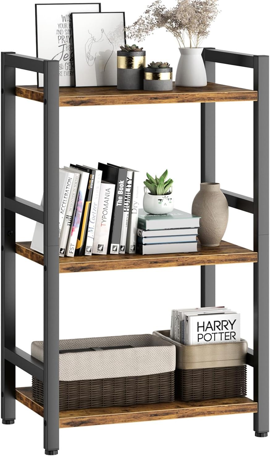 Book Shelf, 3 Tier Bookcase with Steel Frame, Stable Bookshelf Narrow Book Shelves Storage Organizer for Book CD Movie, Open Book Shelves for Living Room, Home Office, Study, Rustic Brown