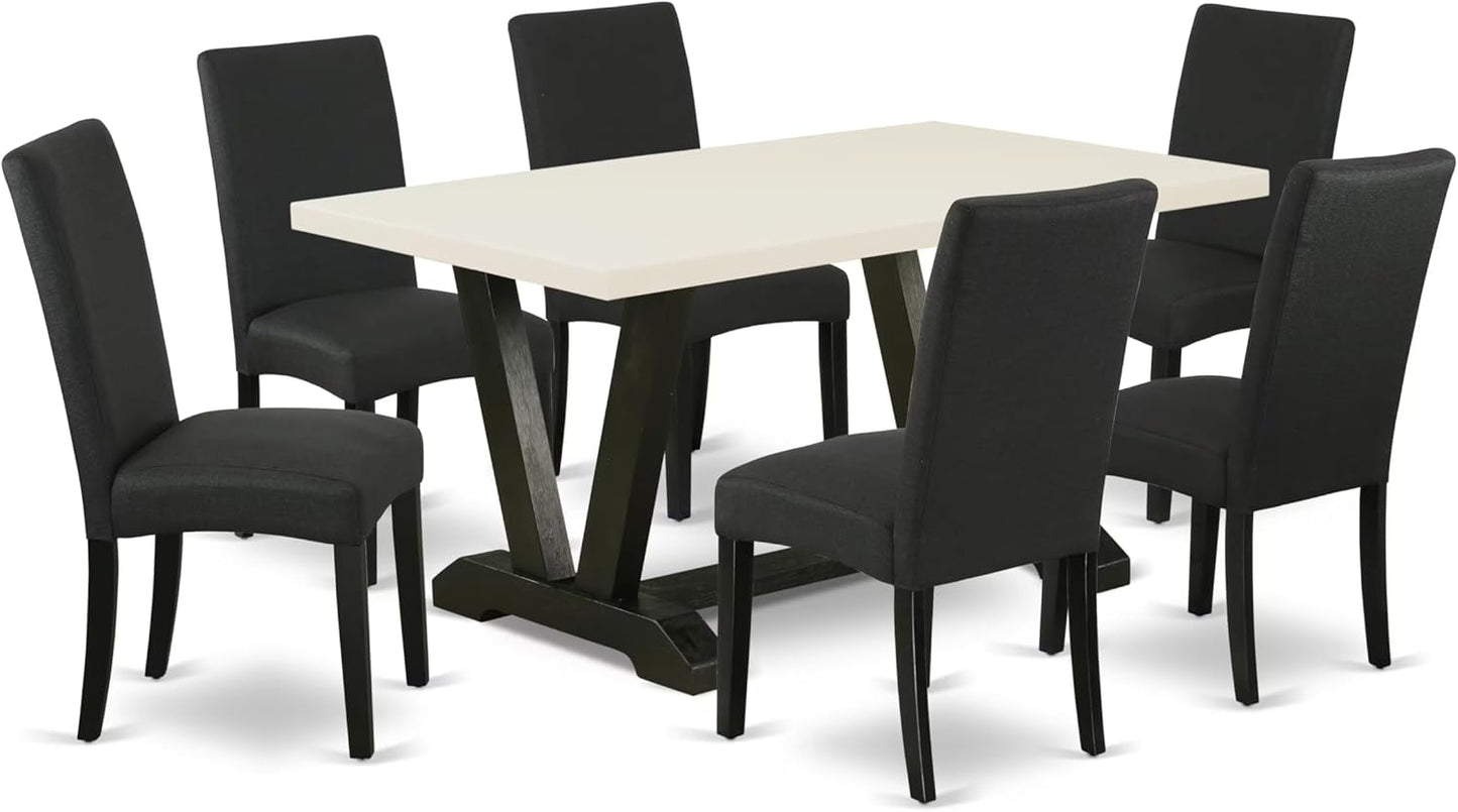 East West Furniture V626DR124-7 7 Piece Dining Set Consist of a Rectangle Dining Room Table with V-Legs and 6 Black Color Linen Fabric Upholstered Chairs, 36x60 Inch, Multi-Color