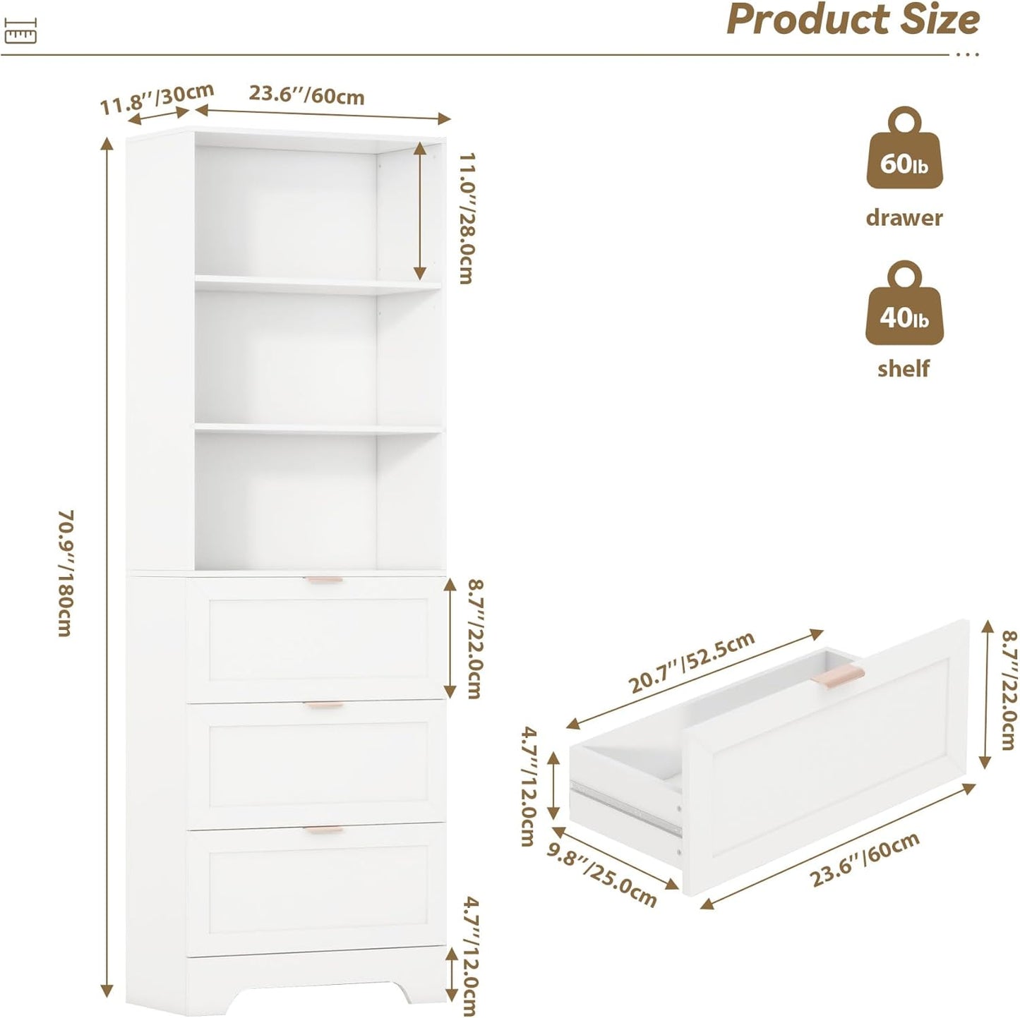 71" Tall Modern White Bookshelf with Storage 3 Drawers Freestanding Display Bookcase, Tall Book Shelf with Organizers and Storage, Display case for Home Office, Living Room,Study,White