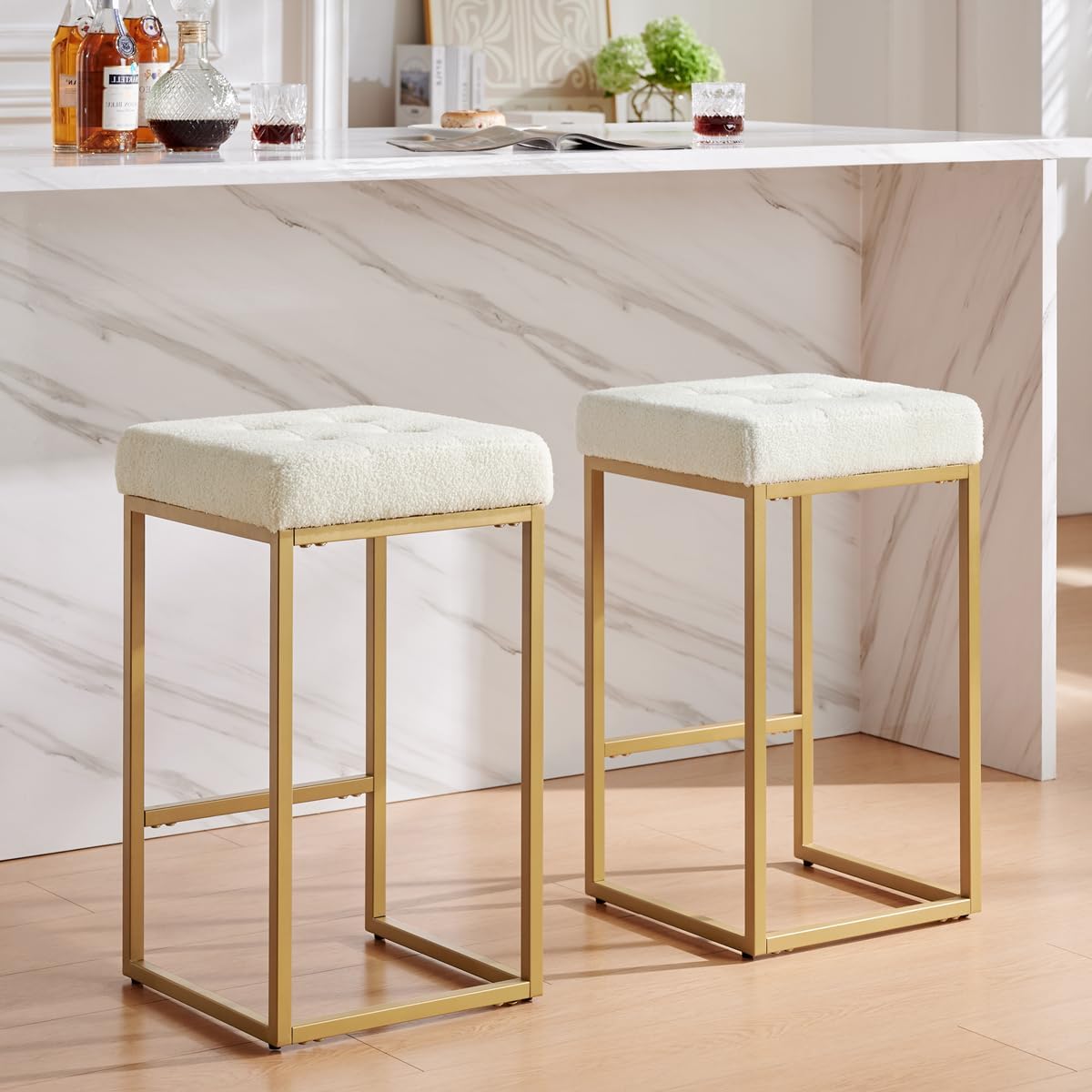 24KF Contemporary Counter Height Bar Stool Set of 2 for Kitchen Island, 26" H Teddy Fabric Padded Gold Barstool Bar Chair,5066-Teddy Cream