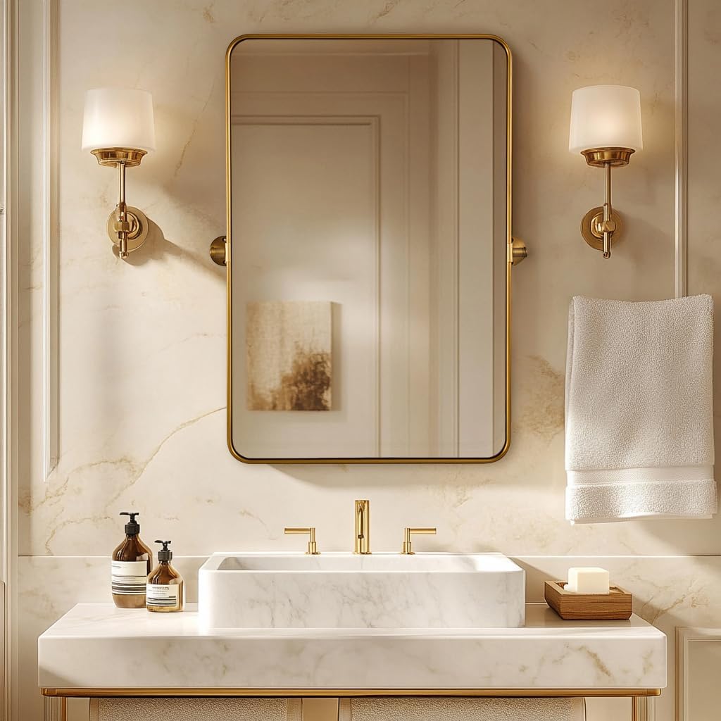 ANDY STAR Gold Pivot Mirror, 20" x 28" Brushed Brass Metal Frame Vanity Mirrors for Over Sink, Farmhouse Rectangle Bathroom Mirror with Adjustable Tilting Design Wall Mounted