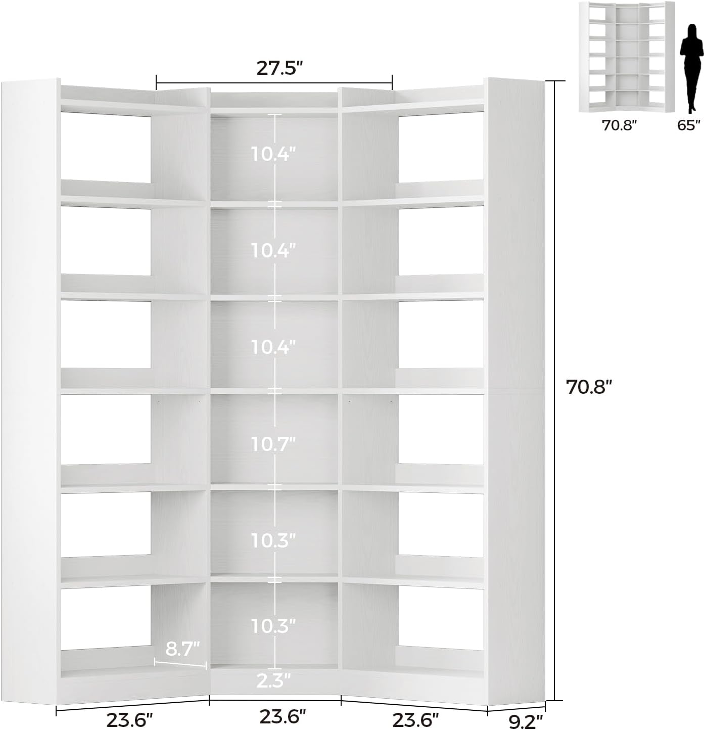 IRONCK Corner Bookshelf, 7-Tier Bookshelf with Storage, Corner Bookcases with Baffles Etagere Shelf for Living Room Home Office Bedroom, White