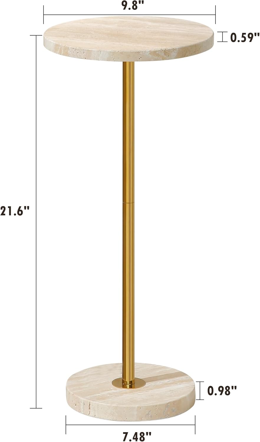 Φ9.8-inch Marble Round Drink Table, Stone Finish Pedestal End Table for Living Room, Weighted Base Small Accent Side Table for Small Space Office - Beige