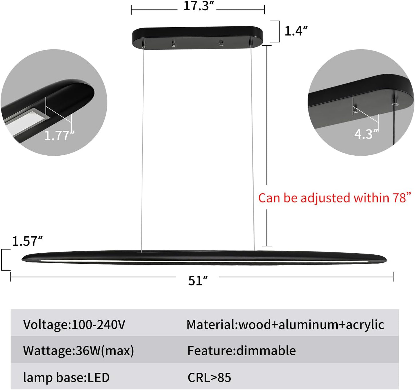 39" Wood LED Linear Pendant Light Black Linear Pendant Dinning Room Hanging Lights LED Dimmable Chandeliers 24w for Dining Room Pool Table Lights Kitchen Island Light Black