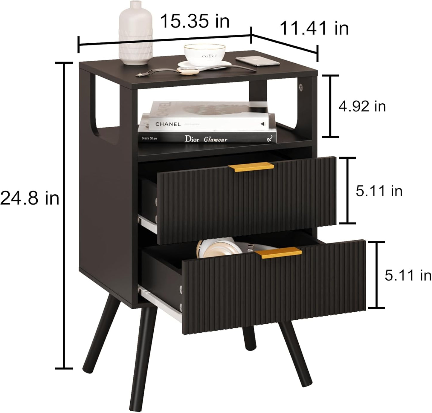 Black Nightstand,Modern Bedside Table with 2 Storage Drawer and Open Wood Shelf, for Bedroom and Small Spaces,Night Stand with Solid Wood Legs