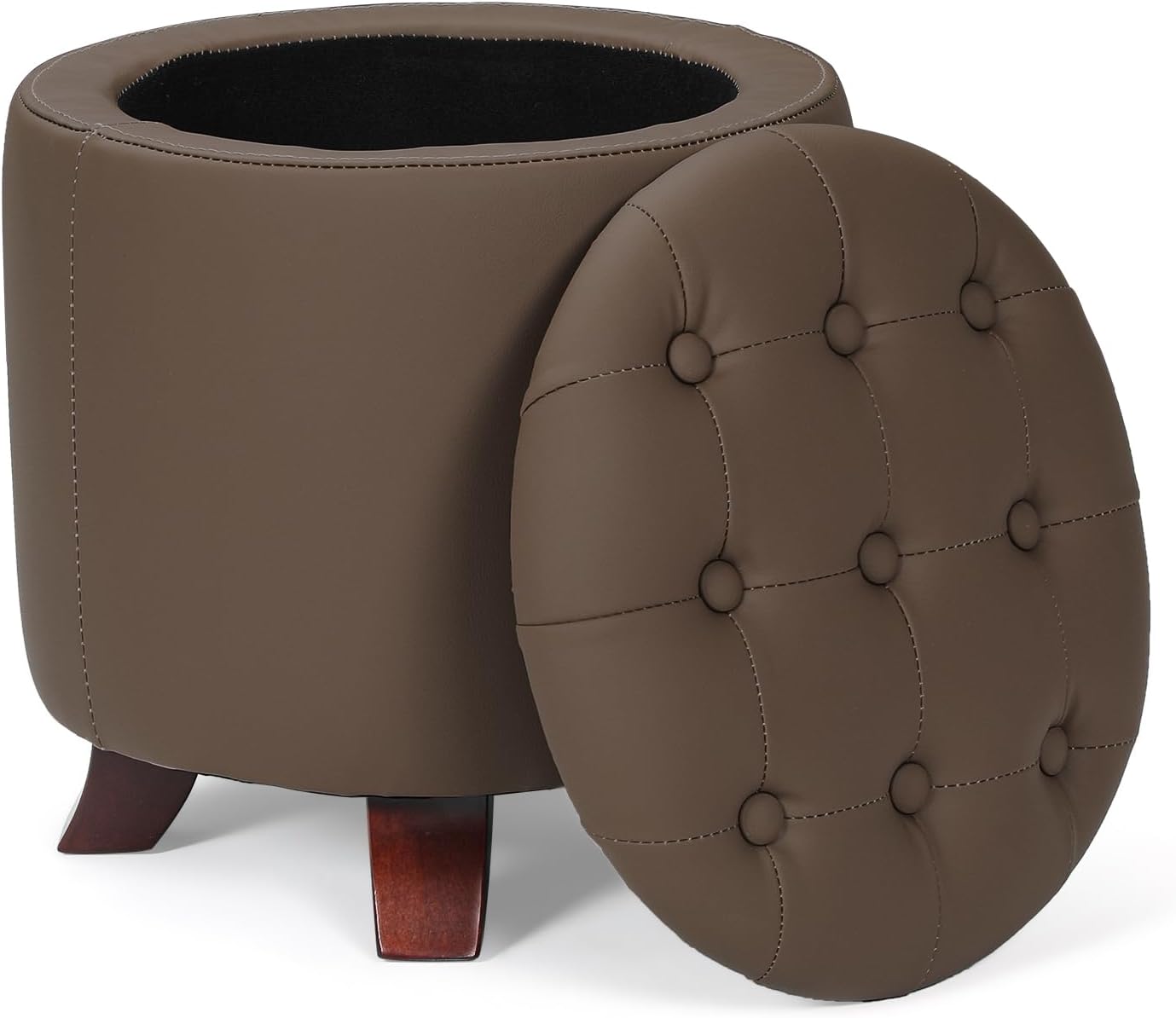 Athena Collection 15 Inch Small Ottoman with Storage, Round PU Leather Storage Ottoman Foot Rest with Removable Lid, Multipurpose Footstool Footrest for Living Room, Bedroom, Dorm, Brown
