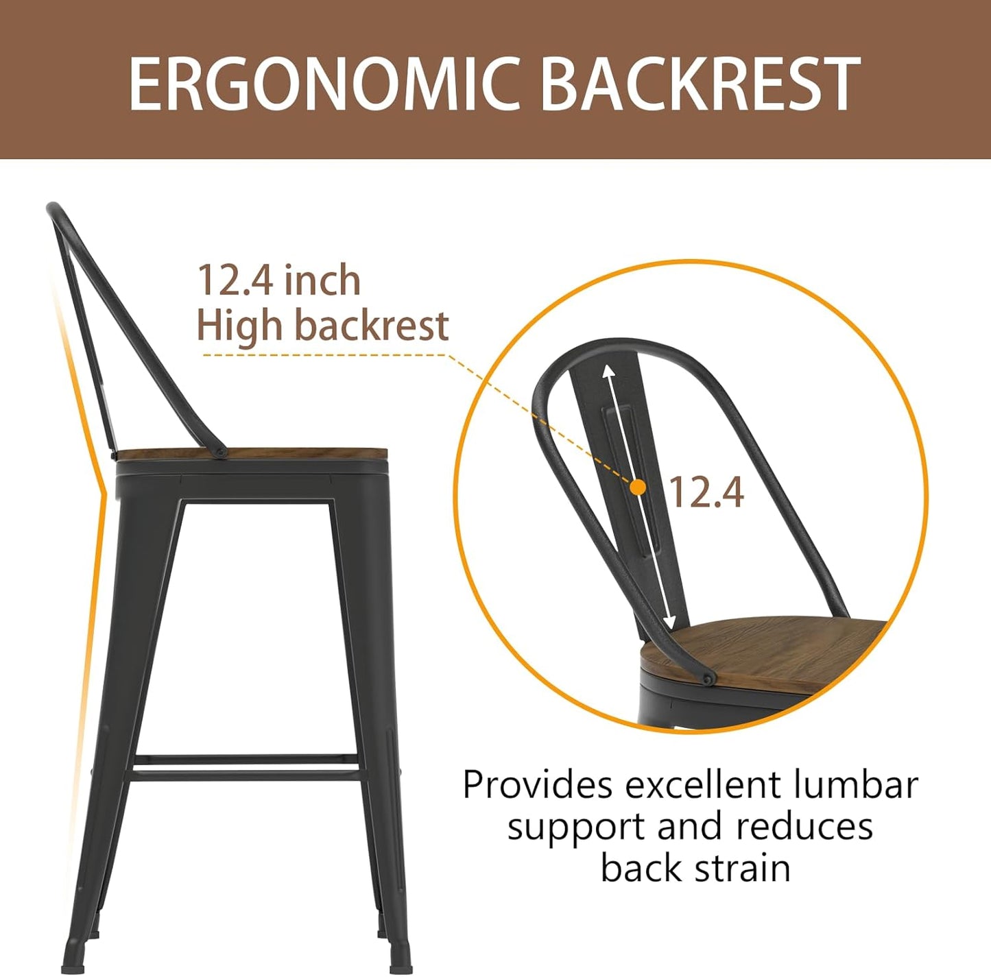 26” Swivel Bar Stools Set of 4, Counter Height Bar Stools Wooden Seat, Metal Industrial Bar Chairs with High Back for Kitchen Island (Black)