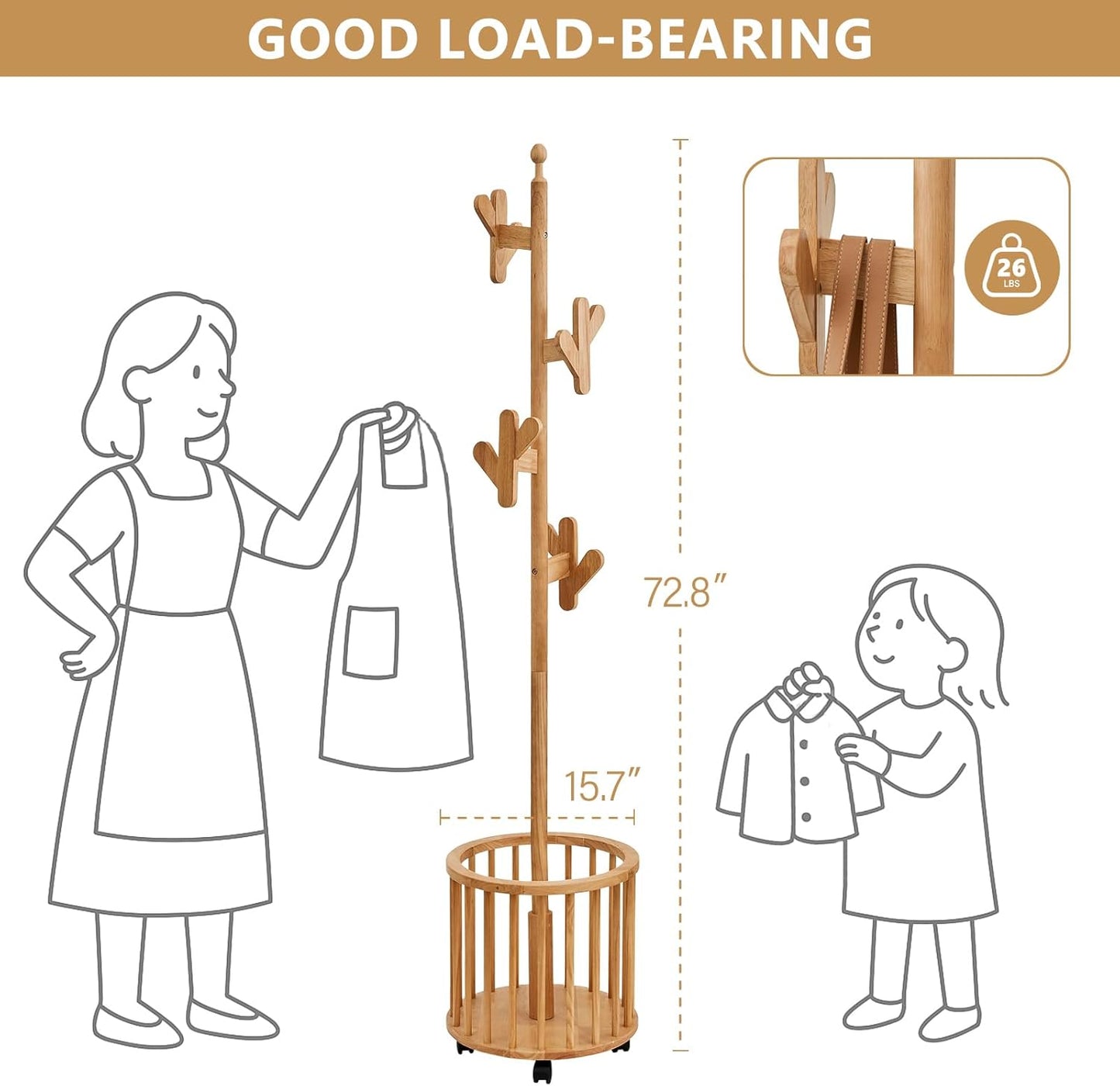 CozyDH Solid Wood Coat Rack Freestanding with Lockable 360° Rotary Casters, Coat Tree Stand with Umbrella Holder & Laundry Basket Storage & 12 Hooks, Natural