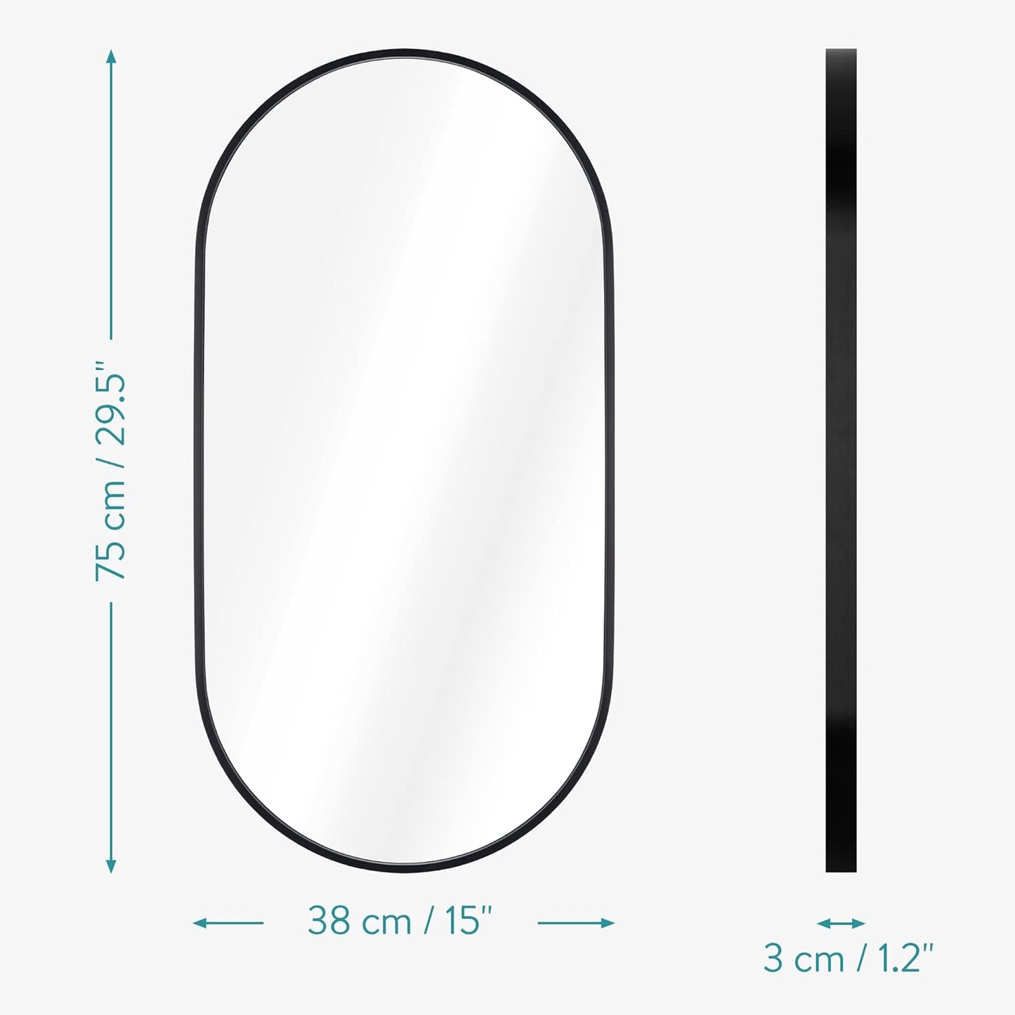 Navaris Oval Wall Mirror - 29.5" x 15" - Wall Mounted Hanging Mirror with Black Rustproof Aluminum Frame - Mirror for Bathroom Restroom Hallway