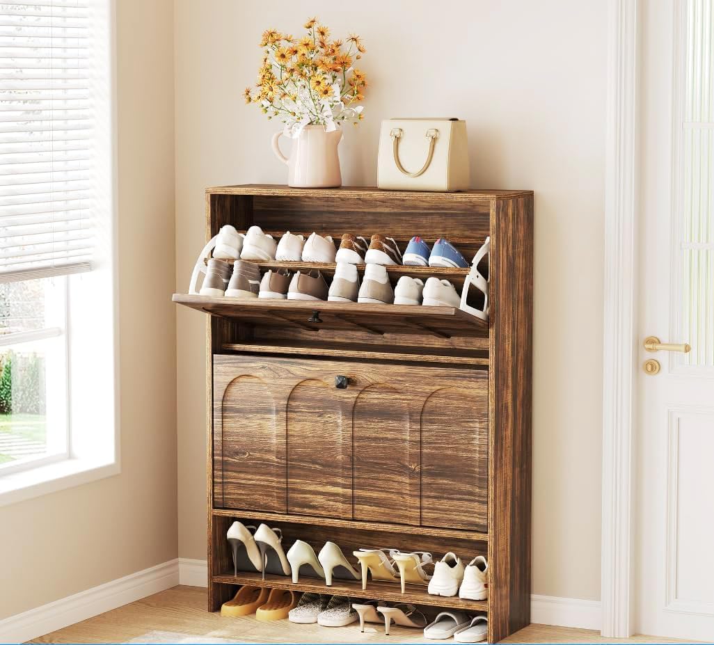 LITTLE TREE Shoe Cabinet Storage for Entryway with 2 Flip Drawers, Narrow Hidden Freestanding Organizer, Skinny Farmhouse Shoes Closet with Rack, for Entryway,Hallway, Living Room,Rustic Brown