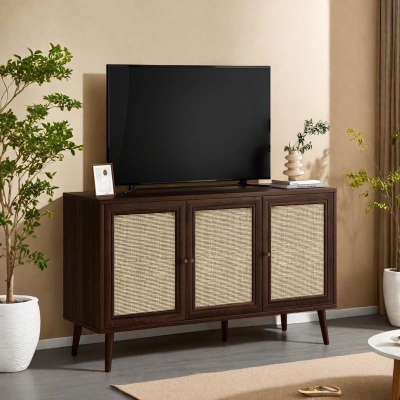 Rattan Entryway Table, Entertainment Center with Adjustable Shelf, Sideboard Buffet Cabinet with 3 Rattan Doors, Modern Console Cabinet with Large Storage for Living Room, Kitchen, Dark Brown