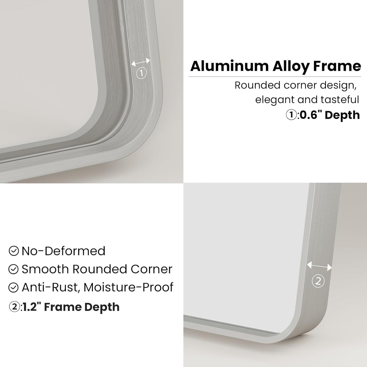 24x36 Inch Brushed Nickel Bathroom Mirror, Brushed Silver Metal Frame Mirror Wall Mounted, Rounded Rectangle Bathroom Vanity Mirror, Tempered Glass, Anti-Rust, Horizontal/Vertical