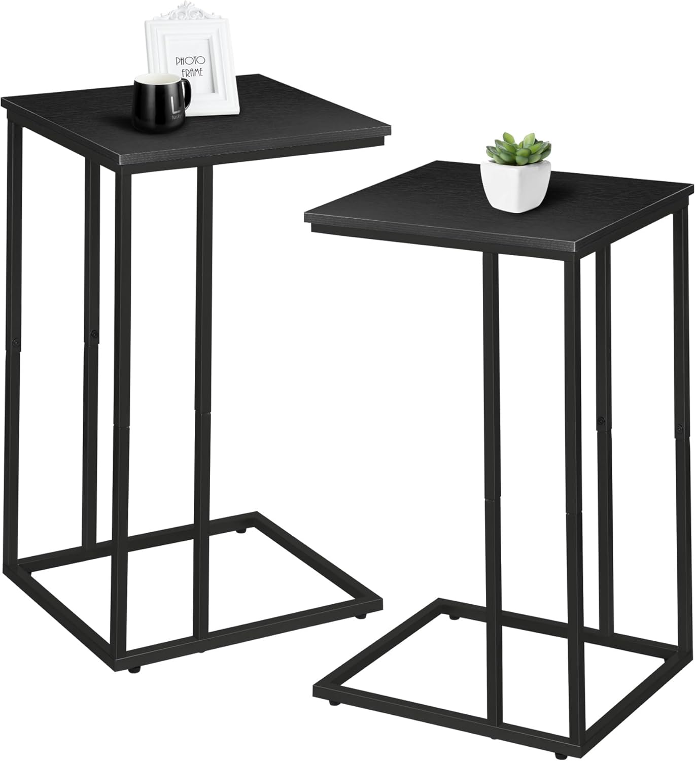 C Shaped Side Table Set of 2, Skinny Sofa Table for Sofa and Bed, Couch Tables That Slide Under, Small End Tables for Living Room, Bedroom or Small Spaces, Black