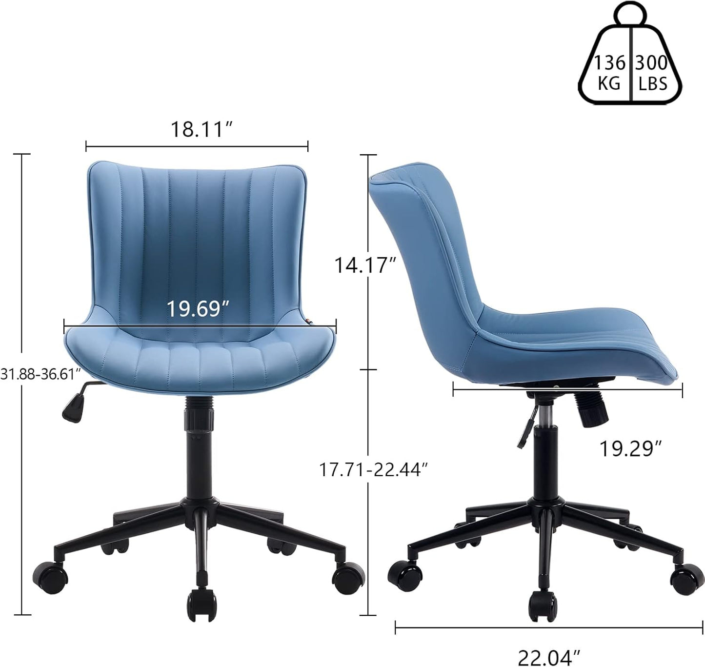 YOUNIKE Blue Home Office Desk Chair with Wheels Compact Comfy Armless Vanity Chair with Back Modern Small Leather Upholstered Rolling Task Chair Cute Computer Drafting Sewing Chair Swivel Adjustable