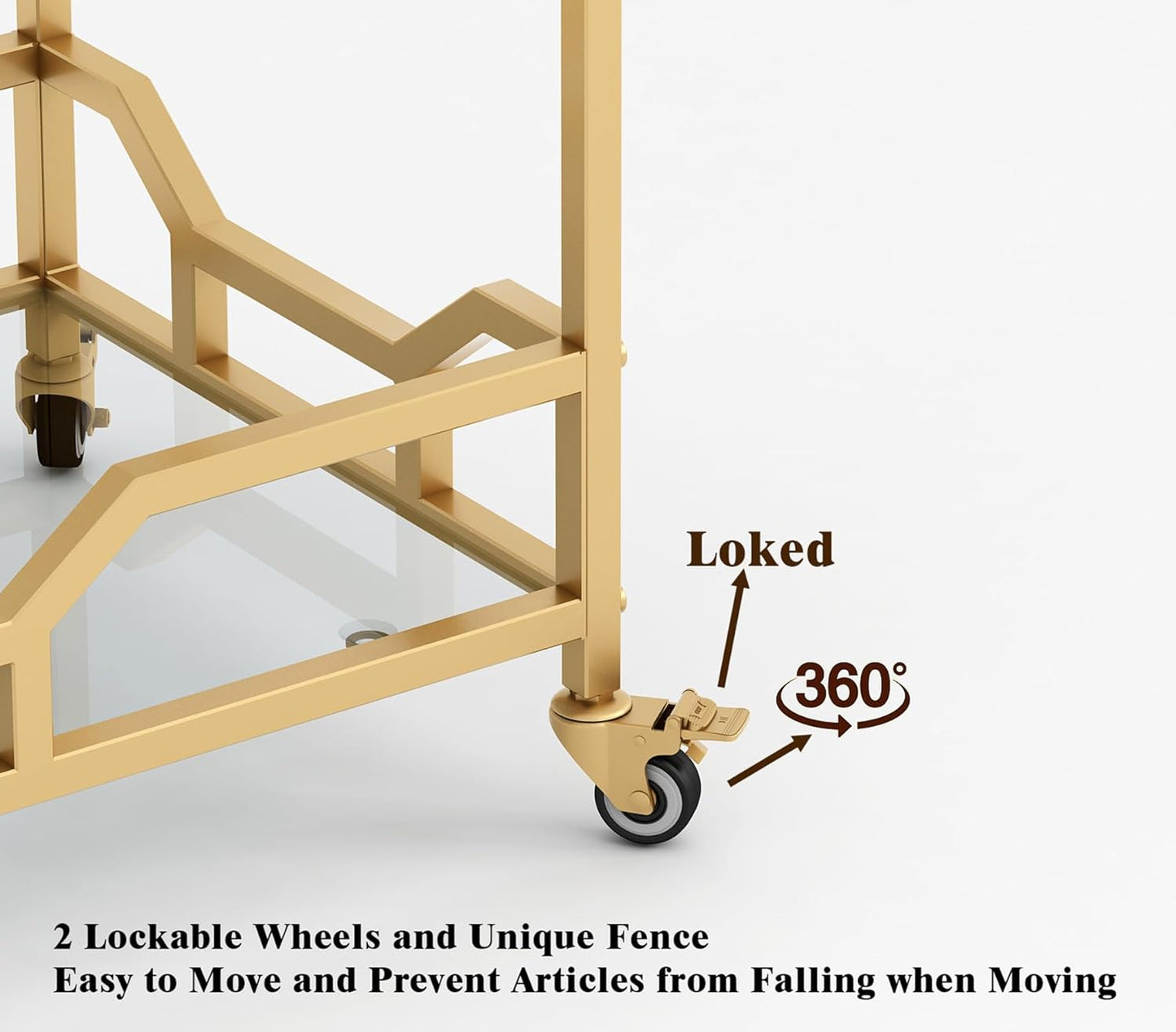Square Gold Bar Carts with 3 Tier Storage Glass Shelves Holder Home Serving Bar Carts on Wheels for Kitchen, Bar, Dinning Room