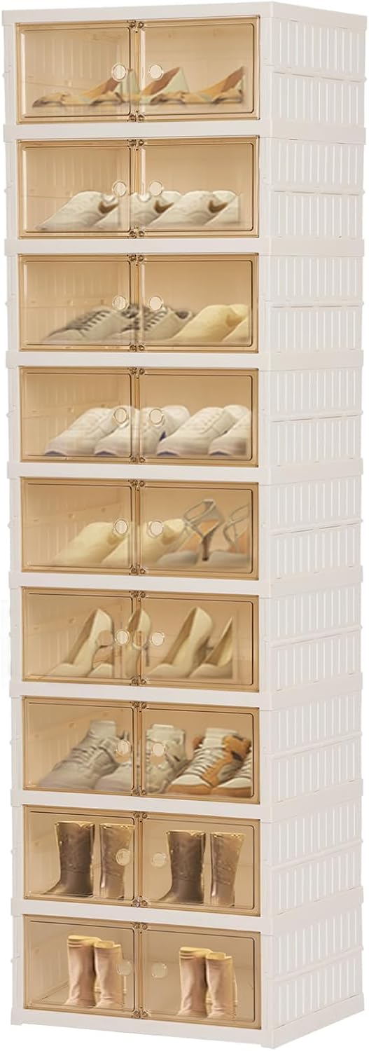 Foldable Shoe Organizer Storage Box, Portable Extra Large Folding Shoe Rack for Closet, Shoe Storage Box with Magnetic Transparent Door and Wheels, 9 Layers 18 Grids.