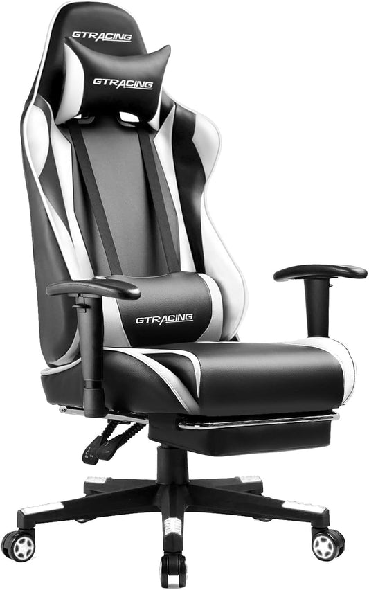 GTRACING Gaming Chair with Footrest, Ergonomic Computer Game Desk Chair, Reclining Gamer Chair Seat Height Adjustment, Swivel Rocker with Headrest and Lumbar (White)